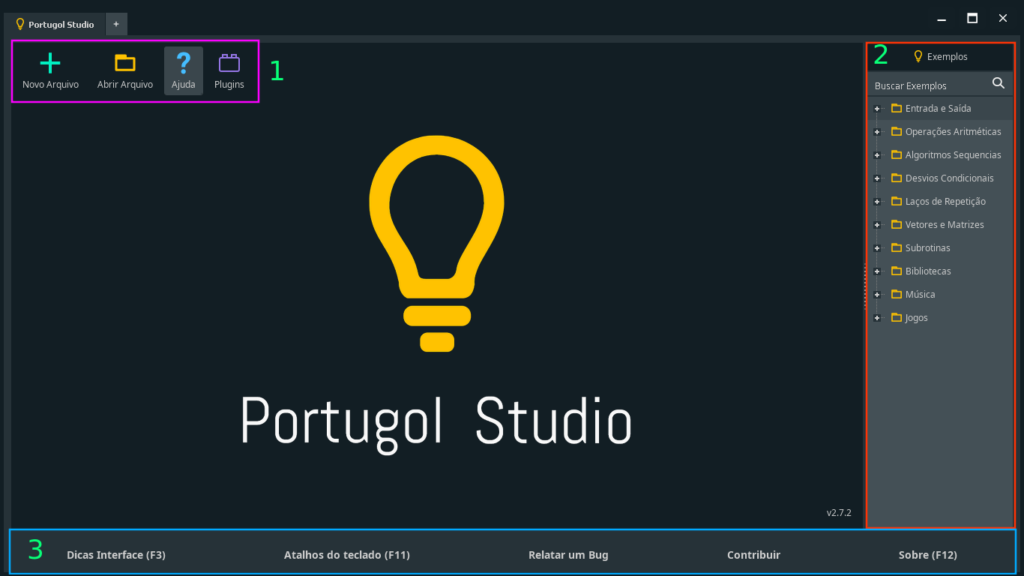 Elementos da interface do Portugol Studio